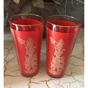 2 Vintage Culver Siam Thai Goddess Highball Glass - Red & Gold 7"